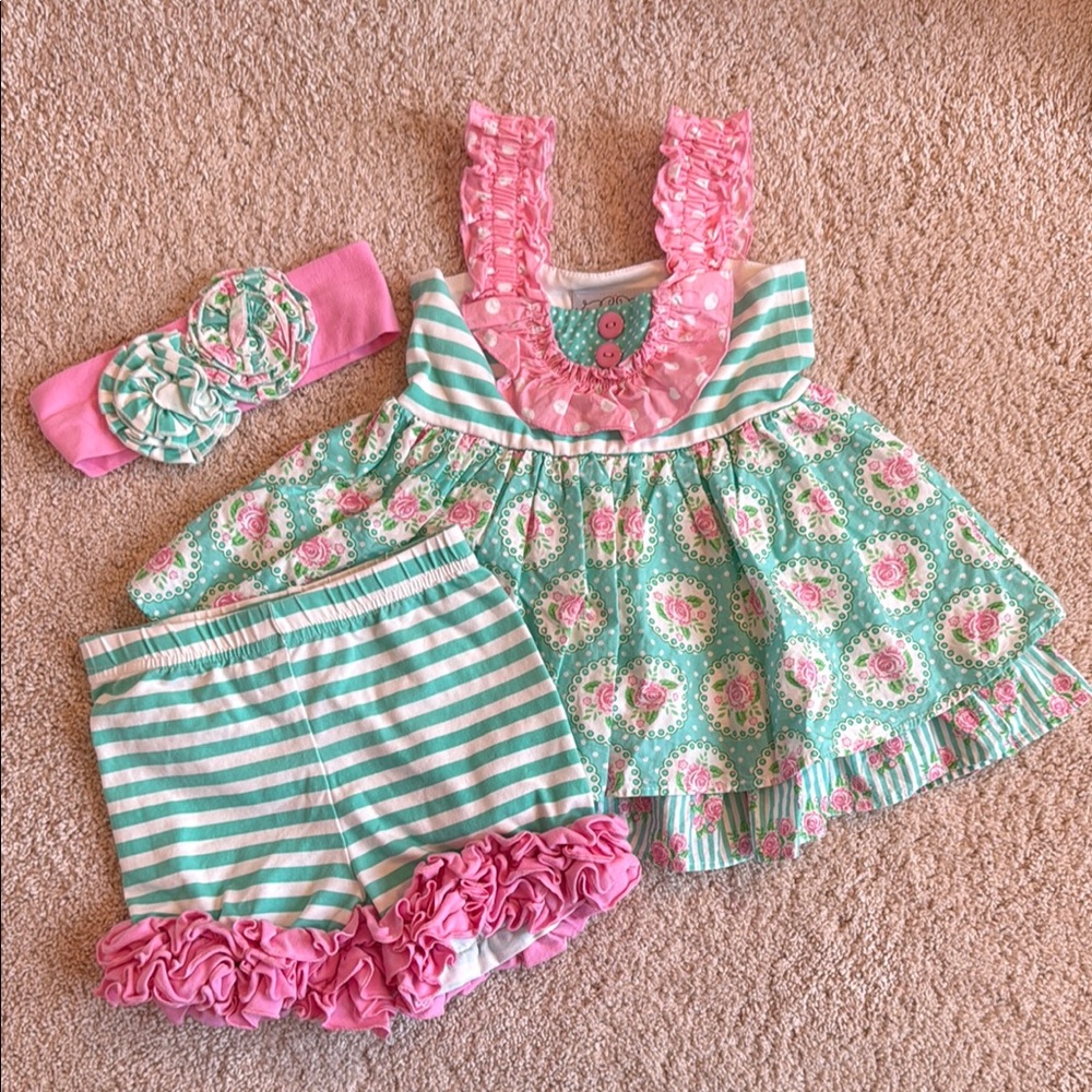 Mint and Pink Girls Matching Set with Headband